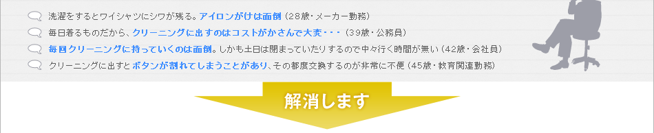���������ƃ��C�V���c�ɃV�����c��B�A�C���������͖ʓ|�i28�΁E���[�J�[�Ζ��j�@����������̂�����A�N���[�j���O�ɏo���̂̓R�X�g��������ő�ρE�E�E�i39�΁E�������j�@����N���[�j���O�Ɏ����Ă����͖̂ʓ|�B�������y���͕܂��Ă����肷��̂Œ��X�s�����Ԃ������i42�΁E��Ј��j�@�N���[�j���O�ɏo���ƃ{�^��������Ă��܂����Ƃ�����A���̓s�x��������̂����ɕs�ցi45�΁E����֘A�Ζ��j