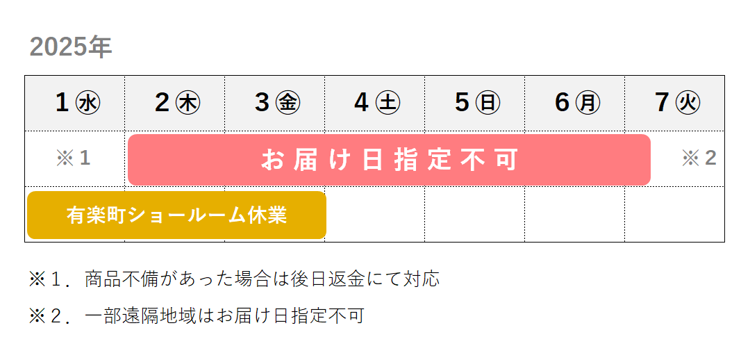 「1月2日～5日」はお届け不可期間です。