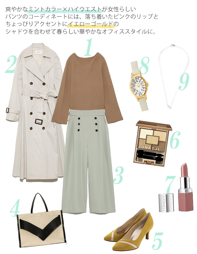 さわやかなミントカラーのパンツのコーデ