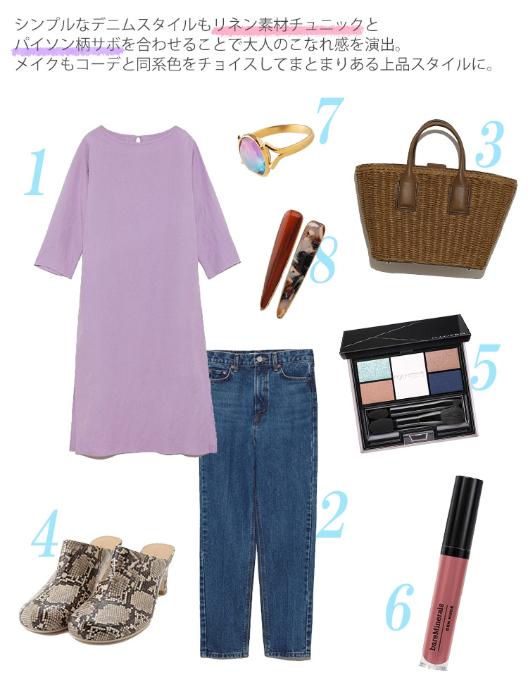 シンプルなデニムスタイルにパイソン柄サボでアクセントを入れたコーデ