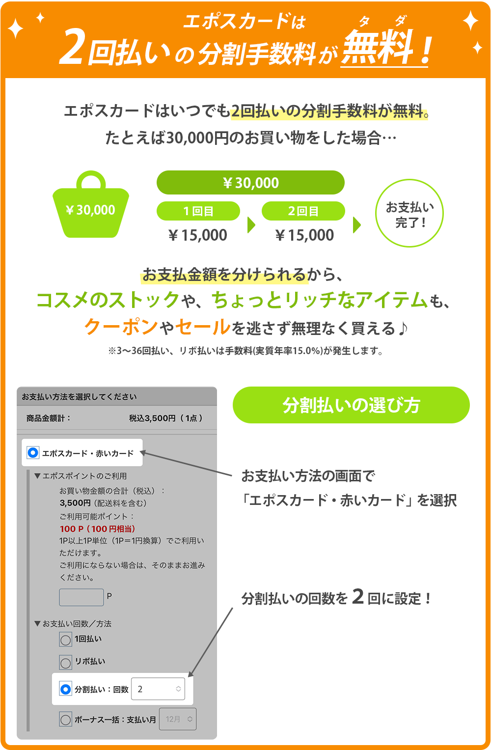 エポスカードは２回払いの分割手数料が無料