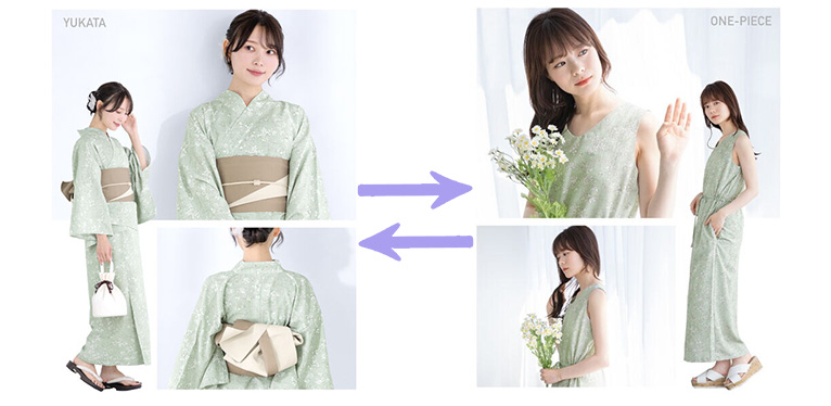 ソウビエン 浴衣3点セット レディース 2way（上着＋ワンピース＋帯）