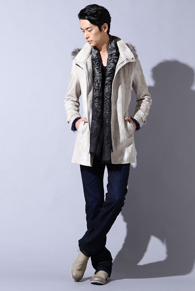 T/Cスェードの新型スタンドファー付フーデットコート