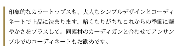 印象的なカラートップスも、大人なシンプルデザインとコーディネートで上品に決まります。