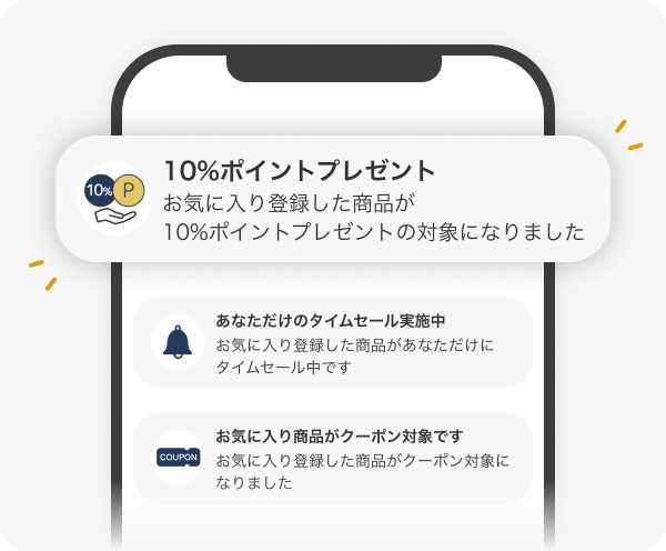 お気に入り商品が10%ポイントプレゼントの対象になったことが通知されたスマートフォン画面のイラスト