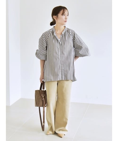 quaranciel:〈洗濯機可能〉ストライプ ハイウエスト ワイドパンツ