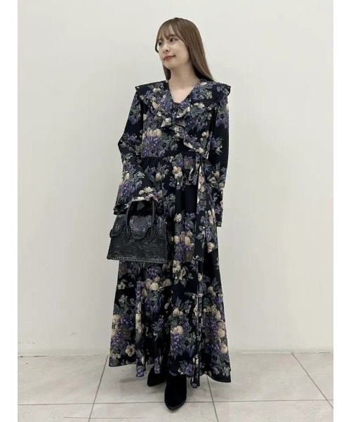 グレースコンチネンタル　花柄ジャガード　配色襟付きワンピース　黒白　38 ⭐︎ グレースコンチネンタル 花柄ジャガード 配色襟付きワンピース