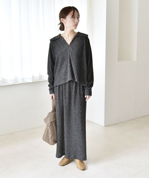 quaranciel: バンドカラー ライン チェック ポケット シャツ