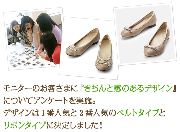モニターのお客さまに『きちんと感のあるデザイン』についてアンケートを実施。デザインは1番人気と2番人気のベルトタイプとリボンタイプに決定しました！