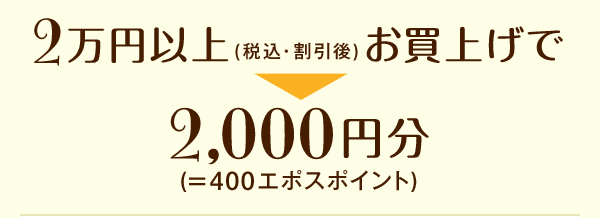 2万円以上(税込・割引額)お買上げで2,000円分(=400ポイントプレゼント)